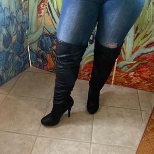 Black Thigh High Faux Leather Platform Heel Boot - over the knee💜